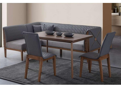 Suite de salle à manger grise et élégante avec table à manger brune et 2 tabourets.