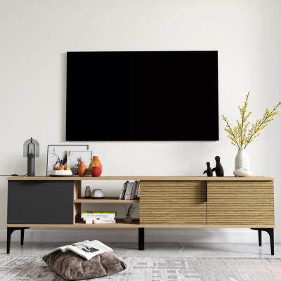 Armoire basse pour TV marron-gris Design moderne de forme rectangulaire pour le salon