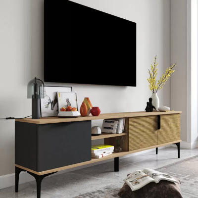Armoire basse pour TV marron-gris Design moderne de forme rectangulaire pour le salon