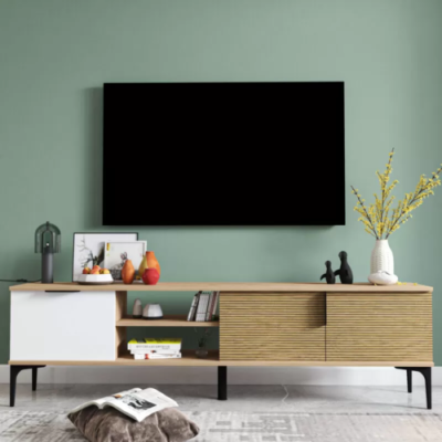 Meuble TV bas Design moderne Luxe Salon Rectangulaire Marron Blanc
