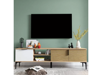 Meuble TV bas Design moderne Luxe Salon Rectangulaire Marron Blanc