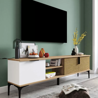 Meuble TV bas Design moderne Luxe Salon Rectangulaire Marron Blanc