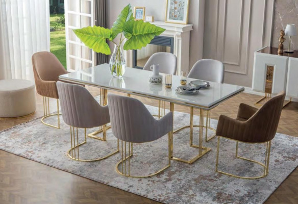 Ensemble de salle à manger élégant en acier inoxydable Table à manger 6 chaises Bahut 8 pièces