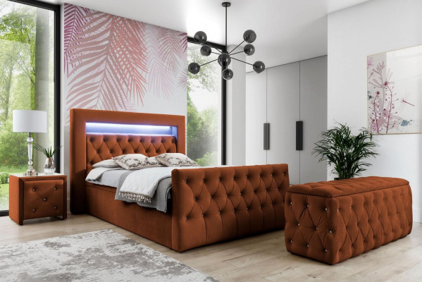 Chesterfield Ensemble de chambre à coucher Lit en tissu 2x Tables de chevet en bois Tabouret