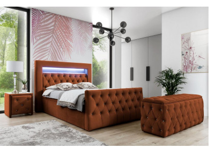 Chesterfield Ensemble de chambre à coucher Lit en tissu 2x Tables de chevet en bois Tabouret