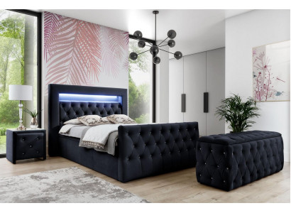 Lit textile LED noir Chesterfield 2x Tables de chevet en bois Tabouret 4 pièces