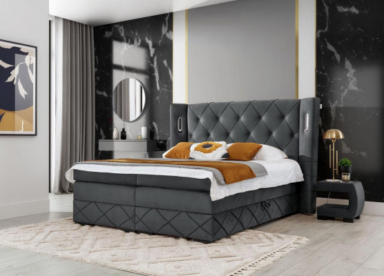 Chambre Lit Lit Double Textile Literie Rembourrée Complète 2x Tables de chevet Bois