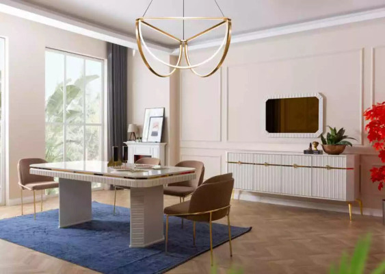Salle à manger Table à manger 6x Chaise beige Ensemble de salon 7 pièces Meubles en bois de luxe