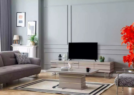 Ensemble de meubles de salon pratique comprenant un support TV mural, une table basse et un meuble de rangement.