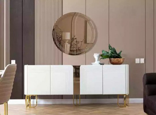 Buffet du salon Miroir Ensemble de luxe Moderne en bois blanc 2 pièces.