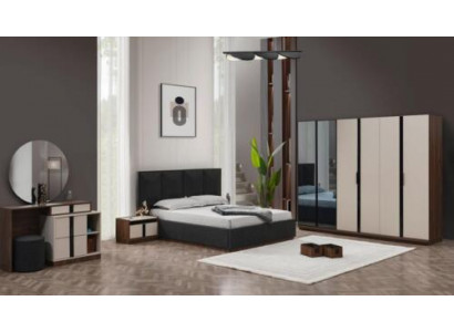 Lit double complet Table de chevet Armoire Beige 6 pièces Chambre