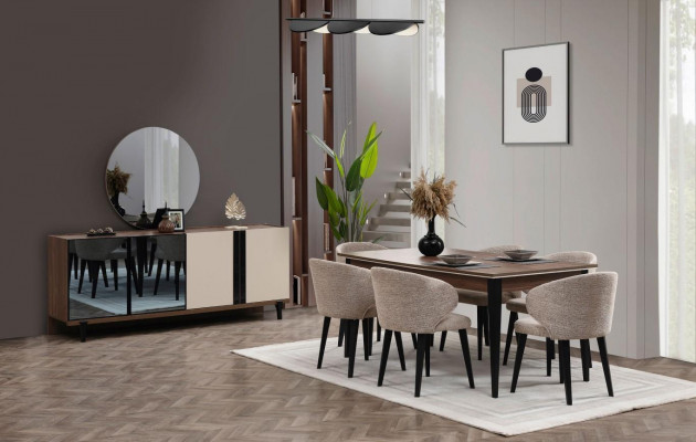 Dinette - Dînette Dining set - Ensemble de salle à manger Dining room - Salle à manger Dining table - Table à manger Chairs - Chaises Sideboard - Buffet Set 8 pieces brown - Ensemble de 8 pièces brun