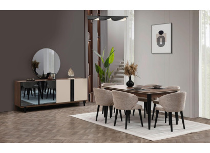 Dinette - Dînette Dining set - Ensemble de salle à manger Dining room - Salle à manger Dining table - Table à manger Chairs - Chaises Sideboard - Buffet Set 8 pieces brown - Ensemble de 8 pièces brun