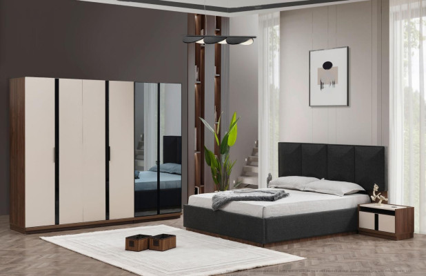 Chambre principale Lit double Lit Tables de chevet Armoire Gris 4 pièces