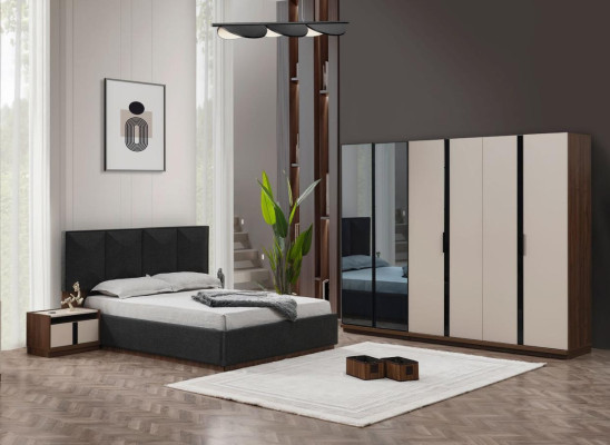 Chambre principale Lit double Lit Tables de chevet Armoire Gris 4 pièces