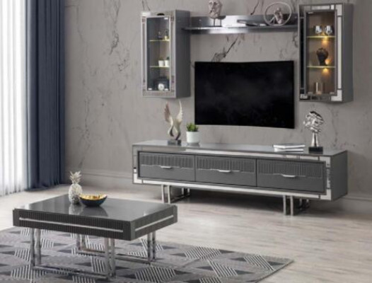 Unité murale, support TV, table basse de barrière, meuble TV, buffet bas gris ensemble 3 pièces