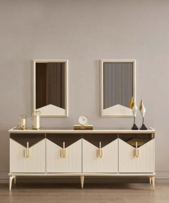 Buffet de luxe Armoire Buffet Commode Armoire en bois Bois Beige Or