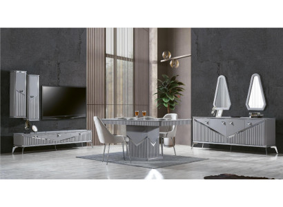 Ensemble de salle à manger moderne gris   4 chaises Miroir Buffet Étagère 9 pièces