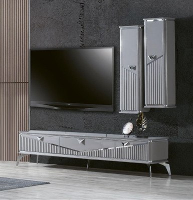 Meuble TV buffet bahut support mural de télévision unité murale basse en gris laqué