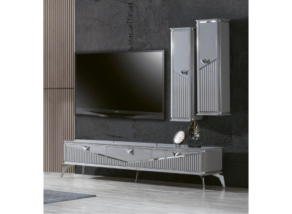 Meuble TV buffet bahut support mural de télévision unité murale basse en gris laqué