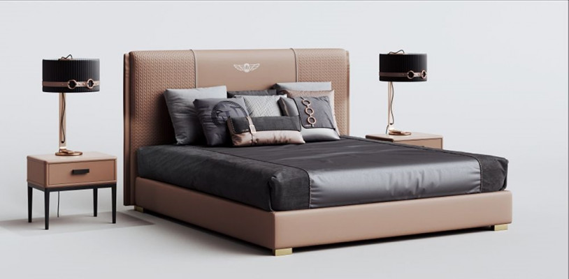 Chambre de luxe Lit Lit double Textile Bois Cuir Rembourrage Lits 180x200 neuf