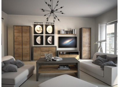 Ensemble de salon composé d'une unité murale, d'une vitrine, d'un meuble bas, d'une étagère murale, d'une table TV, le tout en 6 pièces. Nouveau.