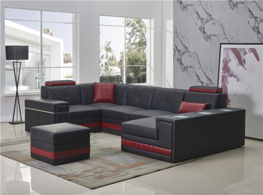 Canapé d'angle Sofa Paysage vivant en forme de U Rembourrage Canapé Canapé en cuir + Tabouret