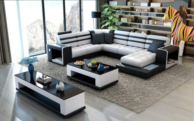 Canapé d'angle Revêtement Canapé d'angle en U Table basse Buffet Canapé en cuir Paysage de vie