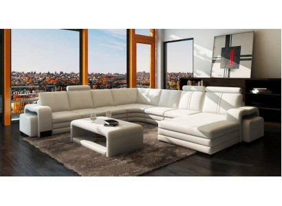 Canapé d'angle en forme de U + 2 tabourets + table basse Design Gray Upholstery cuir