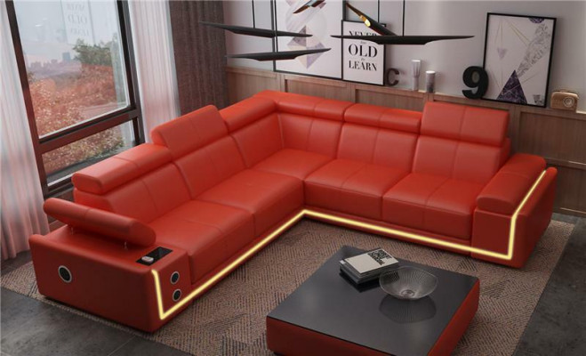 Canapé d'angle en cuir éclairé L-forme avec boîtes de son et LED moderne