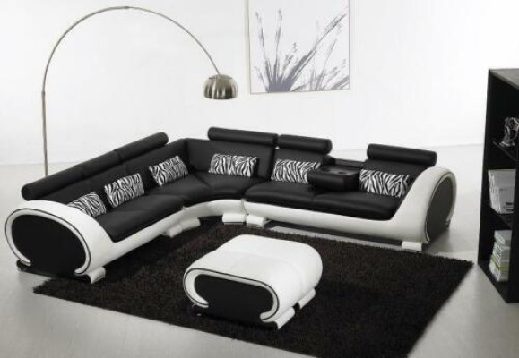 Canapé d'angle en forme de L 2x Tabouret Canapé Design Gris Revêtement Cuir Moderne