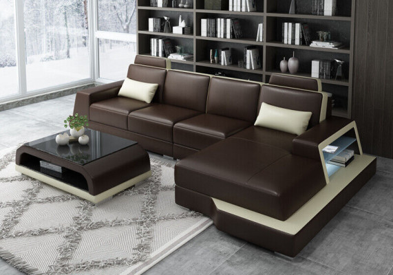 Canapé d'angle Sofa Salon paysage en forme de L canapé rembourrage Canapé Cuir Beige Canapés