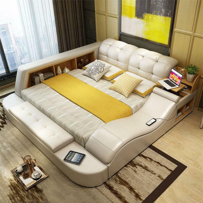 Lit fonctionnel de luxe avec rangement sécurisé pour ordinateur portable, lits doubles de mariage xxl en cuir pour hôtel