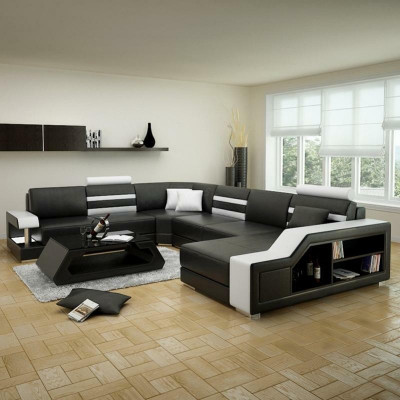 Canapé d'angle paysager vivant en U - Suite de canapé en cuir avec étagère en cuir