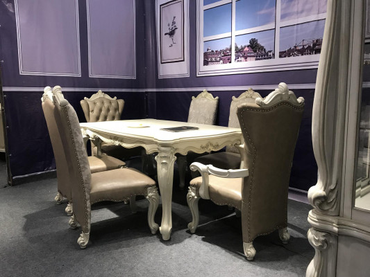 Ensemble de salle à manger Baroque-Rococo Table à manger x6 chaises en cuir Chesterfield