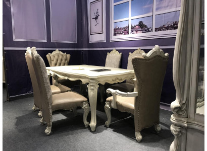 Ensemble de salle à manger Baroque-Rococo Table à manger x6 chaises en cuir Chesterfield