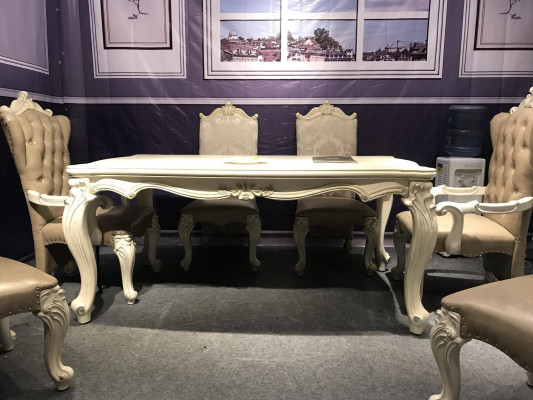 Ensemble de salle à manger Baroque-Rococo Table à manger x6 chaises en cuir Chesterfield