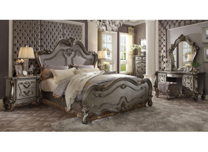Lit baroque Chesterfield Lit double 2 tables de chevet Design en bois Lits