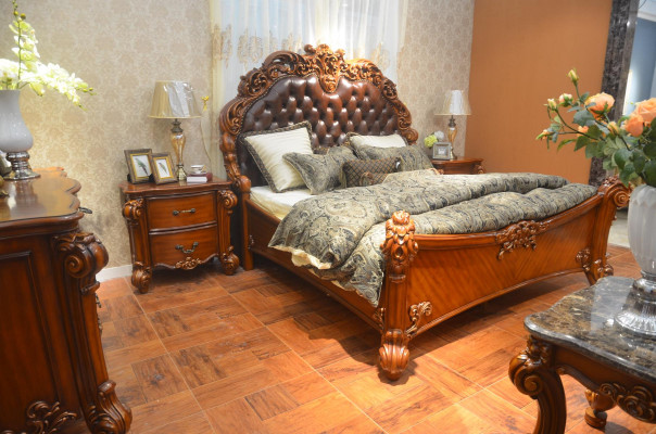 Ensemble de chambre à coucher Lit + 2x Table de chevet Chesterfield Bois Cuir Lits Rembourrage