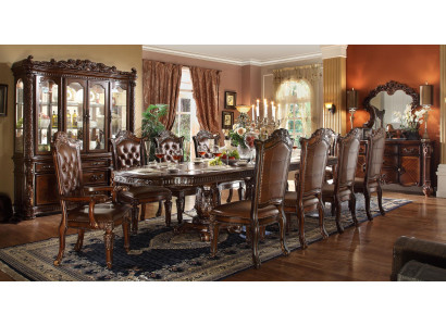 Mobilier de salle à manger classique marron Table à manger avec chaises Chesterfield en bois