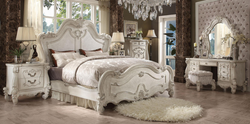 Ensemble de chambre classique Lit Table de chevet Tabouret Coiffeuse Miroir