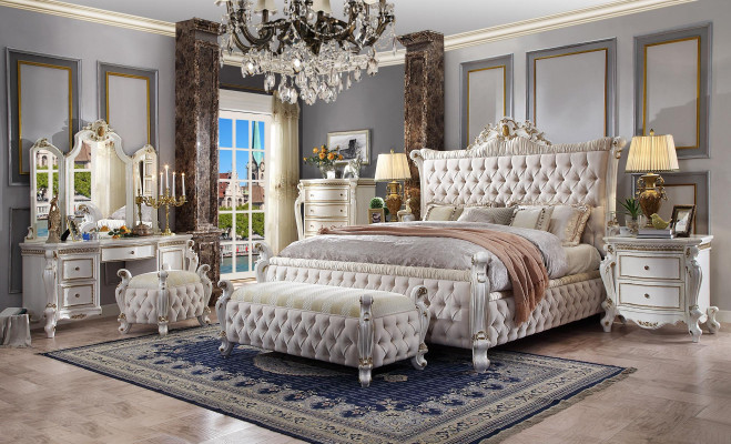 Ensemble de chambre Lit Table de chevet Coiffeuse Miroir Tabouret Chesterfield