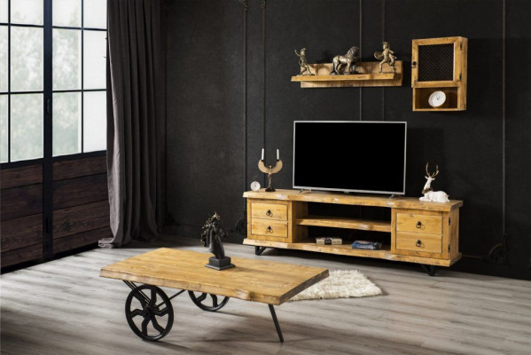 Unité murale en vrai bois de luxe en marron avec table basse sur roues et armoire rustique