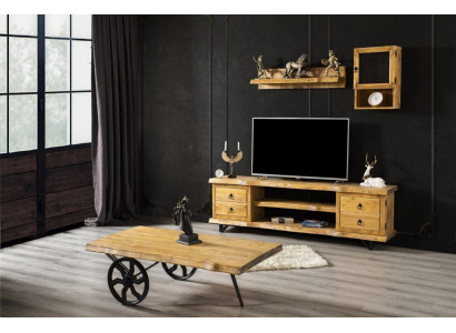 Unité murale en vrai bois de luxe en marron avec table basse sur roues et armoire rustique