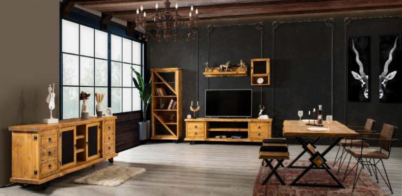 Unité murale en vrai bois de luxe en marron avec table basse sur roues et armoire rustique