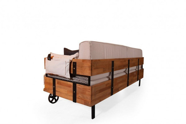 Canapé style Wilhelminien à trois places, design loft, coussin de siège en tissu beige textile.