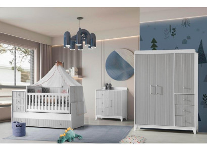 Ensemble complet pour chambre d'enfant : commode, armoire, lit d'enfant couleur gris