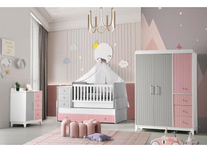 Luxueux ensemble de chambre d'enfants 3 pièces, commode élégante, armoire, lit multicolore.