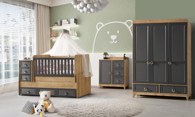 Meubles de chambre d'enfants élégants Lit d'enfant en bois gris ensemble de 4 pièces.
