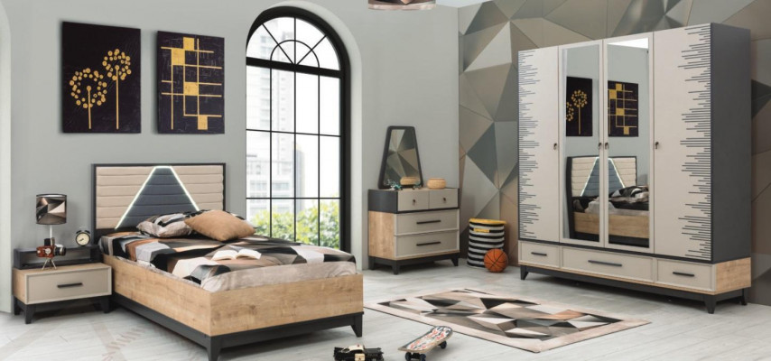Chambre d'enfants Suite Lit Armoire Marron Bois Set Lit Jeunesse Meuble 5 pièces